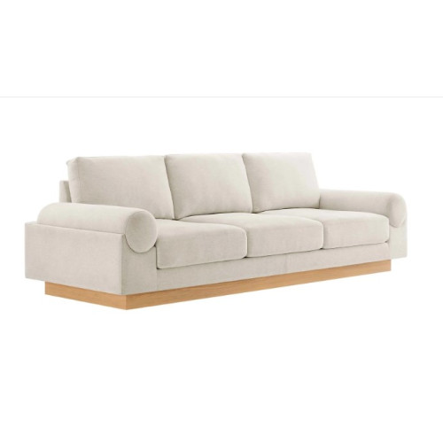 Ivory Fabric Large Rolled Arm Wood Base Sofa